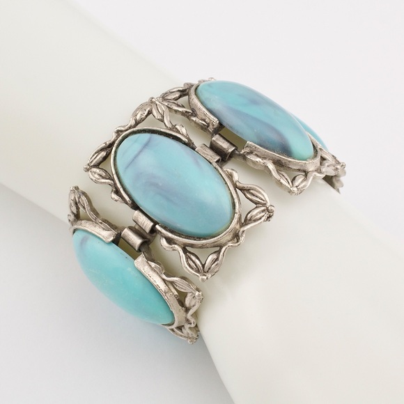 Vintage Karu Arke Faux Turquoise Panel Bracelet Silver Tone Mid-Century Bohemian - Picture 1 of 7